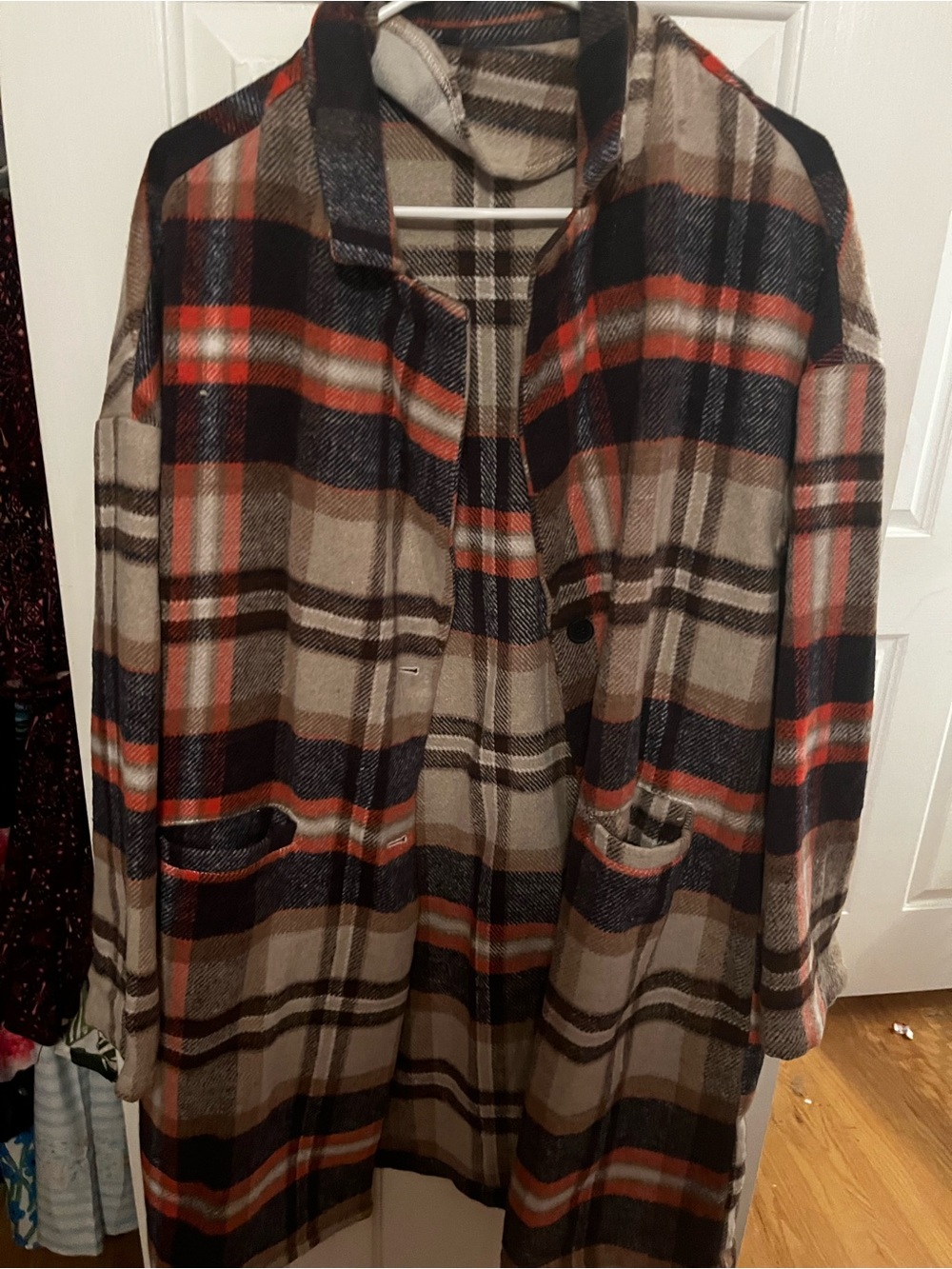 Plaid Longline Pea Coatigan in Beige, Black & Rust